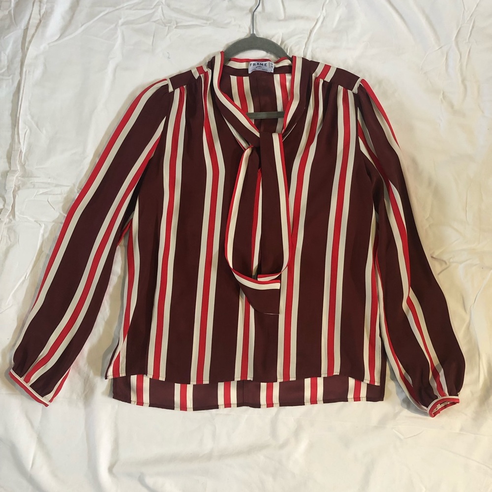 FRAME candy stripe silk tie neck blouse
